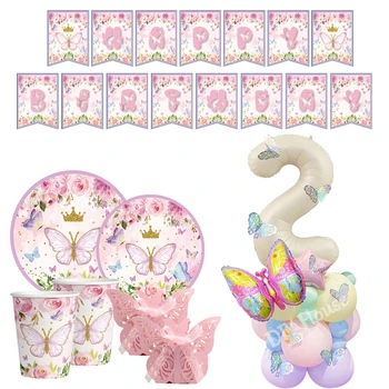 1 комплект одноразовой посуды с бабочкой и башней из воздушных шаров-бабочек для украшения вечеринки с Днем рождения девочки, принадлежности для душа ребенка