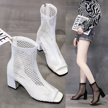 2022 Новые летние женские дышащие ботинки на толстом каблуке с короткими трубочками и рыбьим ртом на высоком каблуке. Сандалии на толстом каблуке
