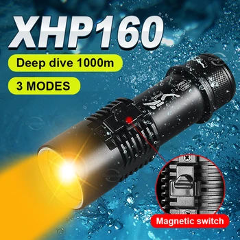 2023 XHP160 Фонарик для дайвинга Профессиональный фонарик для дайвинга Перезаряжаемая Желтая Лампа Водонепроницаемый фонарик 1000 м Подводное освещение