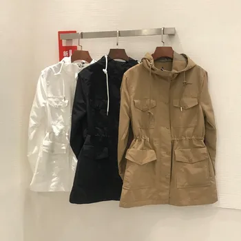 2023 Женская новая Женская ветровка с четырьмя карманами на талии и завязками с капюшоном, черно-белое высококачественное пальто для женщин