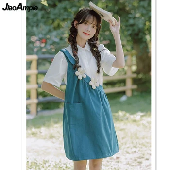 2023 Летнее Женское платье-рубашка с милым цветочным рисунком, комплект из двух предметов, Корейская леди-студентка, Милые Асимметричные Синие юбки, Блузка, наряды
