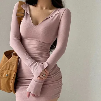 2023 Летнее сексуальное тонкое платье с длинным рукавом для женщин, обтягивающие розовые трикотажные платья в корейском стиле, женское модное платье-сумка со складками на бедрах.