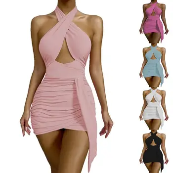 2023 Летние плиссированные сексуальные темпераментные женские юбки с открытой спиной, новые платья