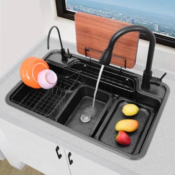 3D Nano Многофункциональная квартира для японцев, большая раковина с одной раковиной, черная раковина, кухонный таз для мытья посуды из нержавеющей стали 304, выдвижная раковина
