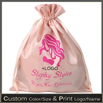 50ШТ Атласная сумка для волос с логотипом на заказ, Подарочная сумка на шнурке из мягкого шелка для наращивания волос, Сумка для упаковки косметических инструментов