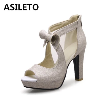 ASILETO / Новые Женские туфли-лодочки 2021 г., с открытым носком, на блочном каблуке 10 см, На платформе, с бантиком, с блестками, на молнии, Милые Универсальные, Большие Размеры 32-43, S2115
