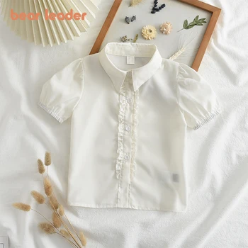 Bear Leader, Новая модная блузка для девочек, Летние детские рубашки с коротким рукавом, кружевные базовые футболки с отложным воротником, Белая блузка