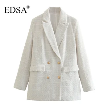 EDSA Женский модный двубортный текстурированный блейзер Твидовый пиджак с длинным рукавом Пальто для офисной леди с карманами с клапанами Верхняя одежда