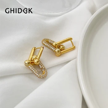 GHIDBK Эффектные позолоченные массивные U-образные серьги-кольца на цепочке с инкрустацией кубическим цирконием, модные аксессуары