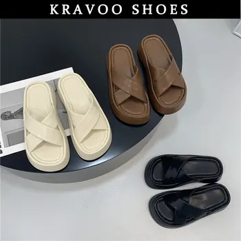 KRAVOO/2023; Летние женские тапочки с открытым носком; Модные женские повседневные пляжные шлепанцы на платформе и плоском каблуке; вьетнамки;