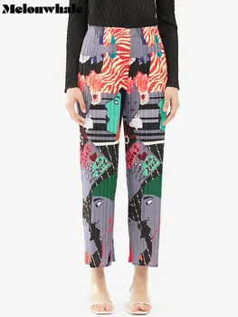 MelonWhale Miyake, прямые брюки с плиссированным принтом, с высокой талией, дизайнерская осень 2023, Весна-лето, Повседневная женская эстетичная одежда