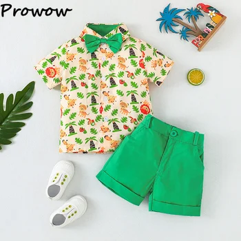 Prowow, Летний комплект одежды для мальчиков, галстук, футболка с животными + зеленые шорты, штаны, Повседневная одежда для малышей, детская одежда для джентльменов