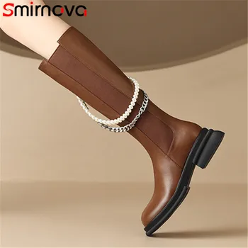 Smirnova 2023 Новые Зимние ботинки из натуральной кожи с бусинами, Женские сапоги до колена на платформе, Женская обувь на молнии на толстом среднем каблуке