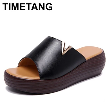 Timetang, Женская обувь на платформе и танкетке с открытым носком, Летние тапочки 2019 года, женские пляжные тапочки на танкетке на среднем каблуке, повседневные тапочки