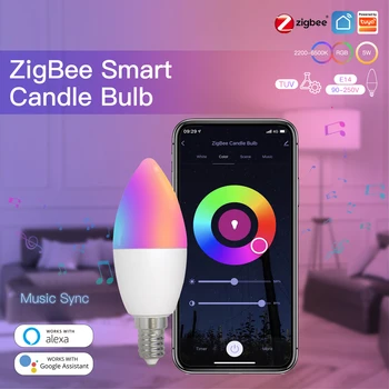 Tuya Умный Дом Zigbee Светодиодная лампа RGBCW Лампа Smart Life Support Alexa Google Home E14 Свеча Лампа 2200-6500 K Музыкальный Ритм Огни