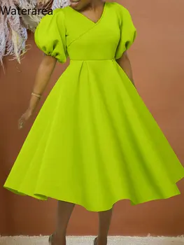Waterarea Элегантное женское офисное винтажное платье с V-образным вырезом и пышными рукавами и высокой талией 2023, женские сексуальные вечерние платья INS Party