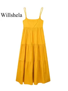 Willshela Женское модное Оранжевое плиссированное платье Миди с боковой молнией и открытой спиной, винтажные тонкие бретельки, Квадратный воротник, шикарные женские платья