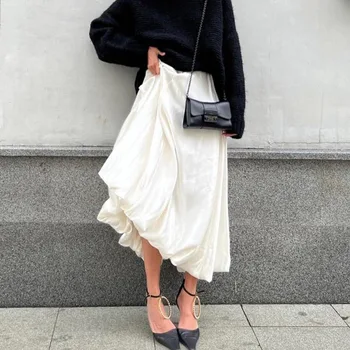 XUAN Phd Модные бежевые атласные юбки для женщин Элегантная офисная юбка длиной до щиколоток с высокой талией, повседневное свободное платье Розового, черного цвета
