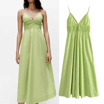 Za 2021 Зеленое длинное платье, женское летнее платье-комбинация, женские повседневные платья Миди на бретелях без рукавов с открытой спиной и рюшами