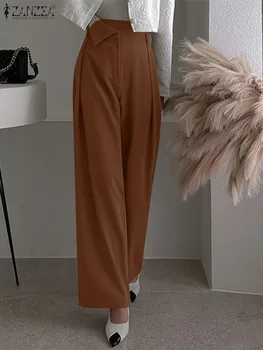 ZANZEA Повседневные Женские брюки с карманом, Элегантные Свободные Широкие брюки с асимметричной талией, Офисные Длинные брюки с высокой талией, Корейская мода, Длинные брюки