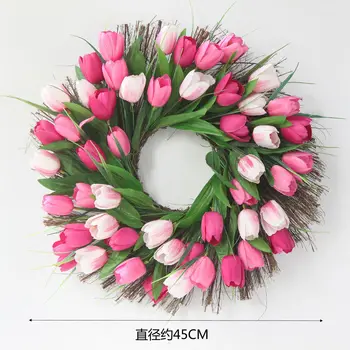 Венок из цветов розового тюльпана для украшения свадебной двери, окна, дома, цветочная гирлянда диаметром 45 см для свадьбы на стене с цветами