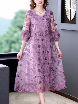 Весенне-летнее Фиолетовое сетчатое платье Миди с цветочной вышивкой, женское модное Легкое Открытое Сексуальное платье 2023, Корейское Винтажное ночное платье