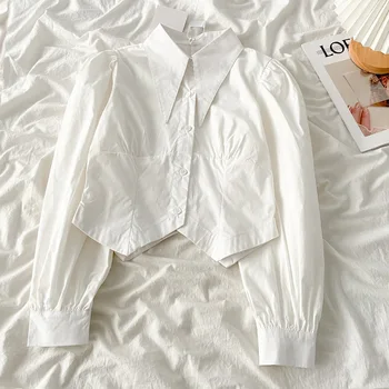 Винтажные белые женские рубашки; укороченные топы с длинными рукавами; Новинка 2023 года; сезон весна-лето; Нерегулярные короткие Женские блузки в корейском стиле