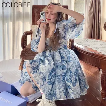 Винтажные шифоновые платья с пышными рукавами для женщин 2023, летнее элегантное мини-платье синего цвета с цветочным принтом, Корейская модная одежда