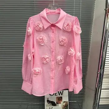 Высококачественная 3D Розовая солнцезащитная рубашка с длинными рукавами-фонариками, женская милая блузка с лацканами, Весенние новые роскошные блузки 2023 года
