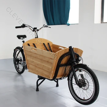 Двухколесный грузовой велосипед со средним приводом и бамбуковой коробкой, электрический велосипед Long John с передней загрузкой и литиевой батареей, гидравлический дисковый тормоз.