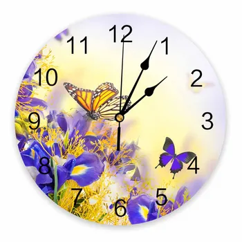 Декоративные круглые настенные часы с цветком ириса и бабочкой, дизайн с арабскими цифрами, не тикающие настенные часы, большие для спален, ванной комнаты