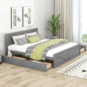 Деревянная кровать-платформа с Четырьмя ящиками для хранения и сосновыми Деревянными опорными ножками, прочный каркас, проста в сборке, Серого цвета King Size