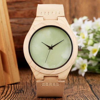Деревянные часы с мраморным зеленым циферблатом Простые бамбуковые деревянные кварцевые часы для мужчин Женские Кожаные наручные часы Relogio Masculino
