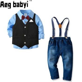 Детская одежда для мальчиков Рубашка с длинными рукавами и галстуком-бабочкой + полосатый жилет + джинсовые брюки Костюм Детский костюм джентльмена