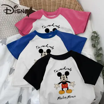 Детская футболка Disney 2023, Новая летняя хлопчатобумажная одежда с Микки Маусом, милая футболка с короткими рукавами из мультфильма для малышей