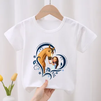 Детская футболка с героями мультфильмов Lucky & Mustang Spirit Horse, Детская одежда, Летняя милая одежда для маленьких девочек, футболки с короткими рукавами для мальчиков