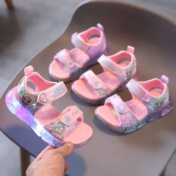Детские сандалии Disney, женская летняя противоскользящая обувь со светодиодной подсветкой, модная обувь принцессы Эльзы для девочек на мягкой подошве