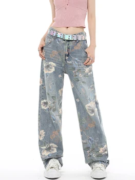Джинсы в американском стиле с принтом в стиле ретро, уютные брюки, женские летние новинки 2023, прямые джинсовые брюки с высокой талией, уличная одежда с широкими штанинами