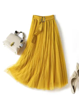 Желтые сетчатые плиссированные юбки, женская летняя мода 2023, Элегантные Длинные офисные юбки Миди из тюля с высокой талией и поясом