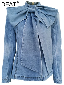 Женская джинсовая рубашка DEAT с большим бантом, воротником-стойкой, длинным рукавом, застежкой-молнией сзади, Синяя блузка со старой талией, Осень 2023, Новая мода 29L345