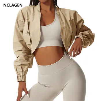 Женская куртка NCLAGEN, быстросохнущее хлопковое спортивное пальто с длинным рукавом длиной до плеч, Повседневные рубашки для фитнеса и бега, Свободный топ