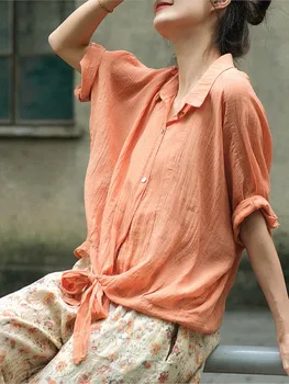 Женская новая рубашка Ramie Simple Casual Shirt2 023, Новая летняя блузка с отложным воротником на пуговицах и шнурках, универсальные топы с солнцезащитным кремом, Блузка