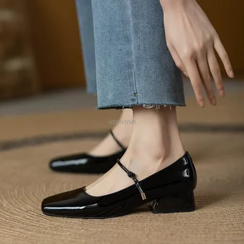 Женская обувь Mary Janes, Новые высококачественные туфли-лодочки, модельные туфли на низком каблуке, квадратный носок, неглубокий ремешок с пряжкой, женская обувь