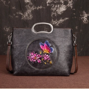 Женская сумка Messenger Сумки-тоут с цветочным рисунком Бабочки Известного бренда Ретро Из высококачественной натуральной кожи Женская сумка через плечо