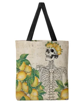 Женская холщовая сумка-тоут Skull Retro Lemon большой емкости для покупок, многоразовые студенческие сумки из эко-материала, выполненные в стиле Леди Космос