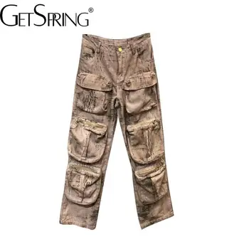 Женские джинсовые брюки GetSpring 2023, весна-лето, украшение с несколькими карманами, камуфляжные выстиранные свободные повседневные длинные джинсовые брюки, новинка