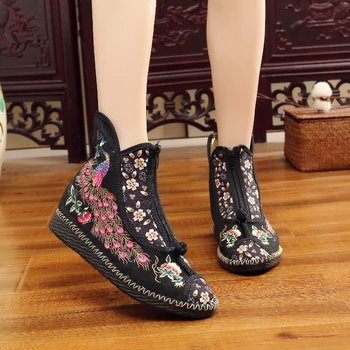 Женские короткие ботинки на плоской подошве с вышивкой павлина, винтажные хлопковые пинетки с китайской вышивкой, Женская обувь на молнии спереди
