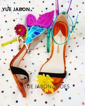 Женские летние сандалии кожаные вышитые атласные бабочки высокий каблук обуви регулируемая лодыжки ремень обувь женщины на высоких каблуках