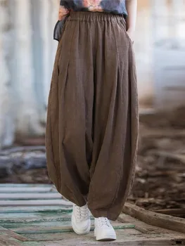 Женские Свободные повседневные брюки-фонарики в стиле ретро Ramie, новинка 2023 года, осенне-зимние женские винтажные длинные брюки с эластичным карманом на талии