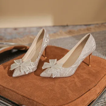 Женские туфли-лодочки из ткани с блестками, 6,5 см, 8,5 см, на тонком высоком каблуке, с острым носком, со стразами и узлом-бабочкой, модные женские туфли для выпускного вечера